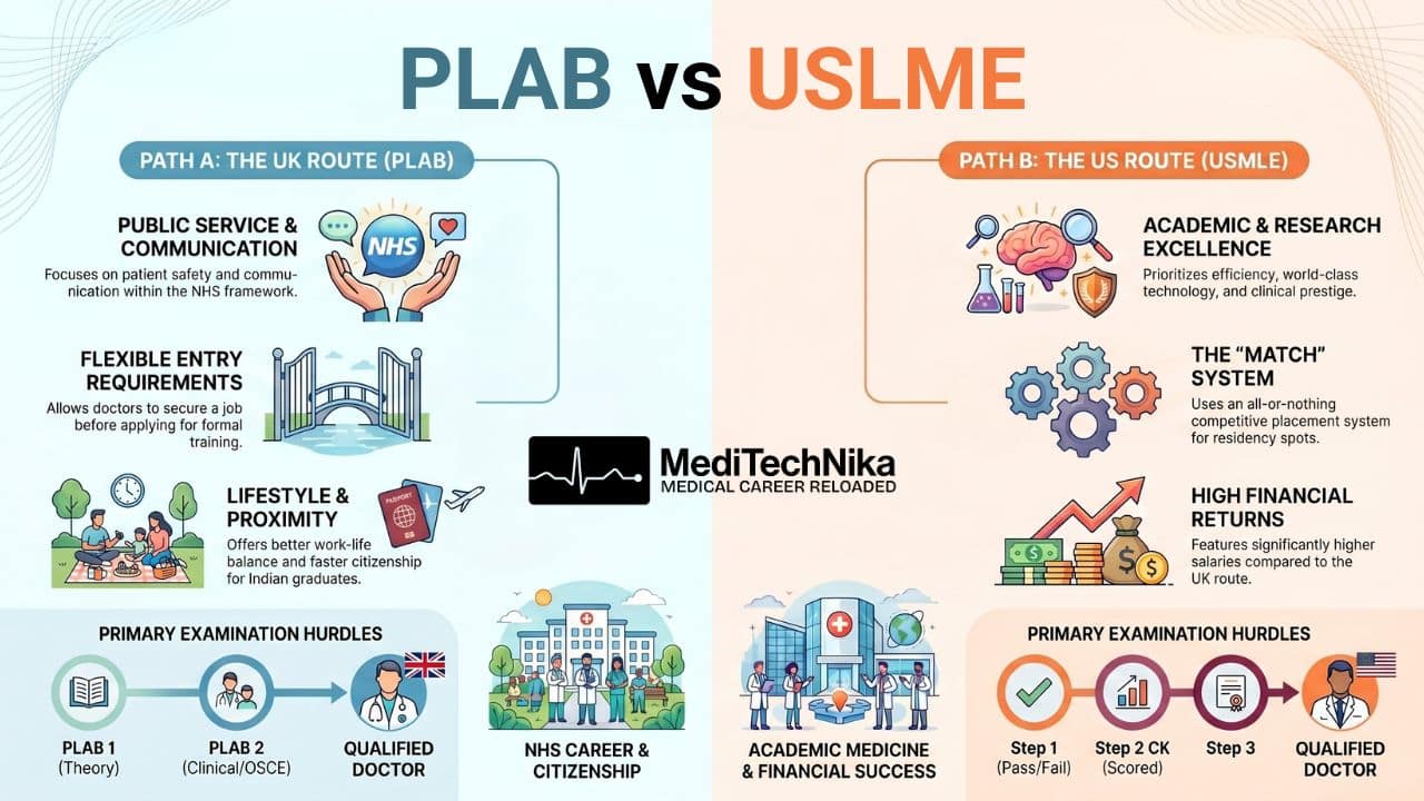 PLAB vs USMLE: Comparison of cost, difficulty, eligibility, and career scope to choose the best path for Indian doctors.