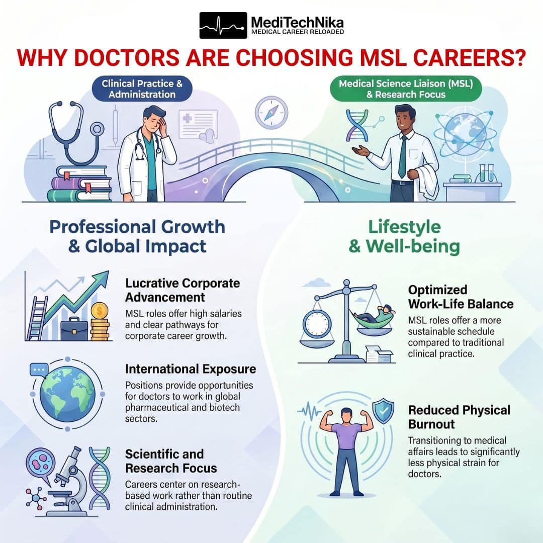 Infographic titled "Why Doctors Are Choosing MSL Careers?" contrasting a stressed clinical doctor with a confident MSL professional. Key benefits listed include corporate advancement, international exposure, research focus, optimized work-life balance, and reduced physical burnout.