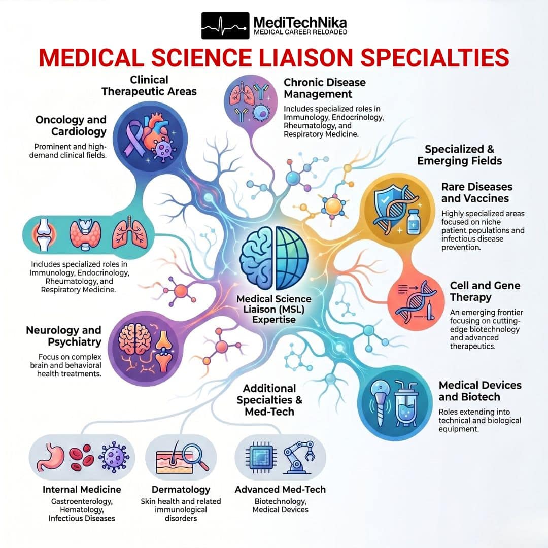 A mind map titled "Medical Science Liaison Specialties" branching from a central brain icon. Categories include Oncology and Cardiology, Neurology, Internal Medicine, Rare Diseases, Cell and Gene Therapy, and Advanced Med-Tech. Each specialty is accompanied by relevant medical icons and brief descriptions of the focus areas.