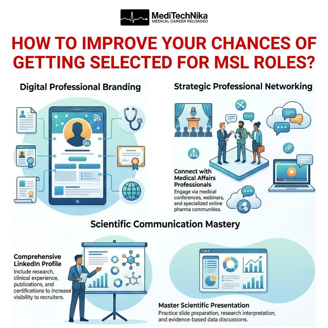 Infographic titled "How to Improve Your Chances of Getting Selected for MSL Roles?" featuring three main sections. Digital Professional Branding shows a LinkedIn profile optimization. Strategic Professional Networking illustrates connecting with medical affairs professionals via webinars and conferences. Scientific Communication Mastery depicts a professional giving a data presentation. Text highlights the need for comprehensive profiles and research interpretation.