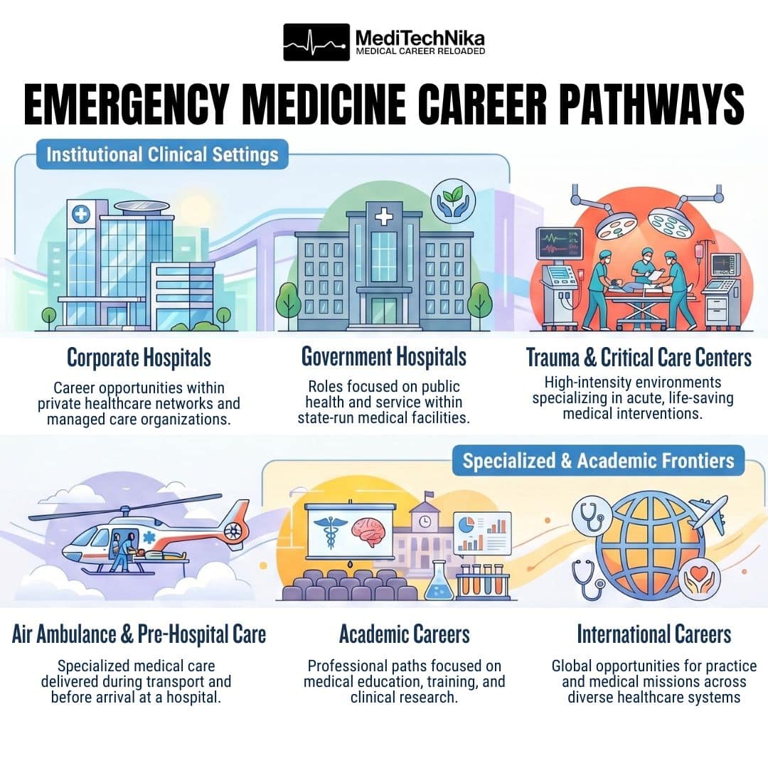 It is divided into two main sections. The top section, "Institutional Clinical Settings," illustrates three paths: "Corporate Hospitals" showing a modern glass building; "Government Hospitals" showing a traditional hospital building; and "Trauma & Critical Care Centers" depicting surgeons operating in an ER. The bottom section, "Specialized & Academic Frontiers," illustrates three more paths: "Air Ambulance & Pre-Hospital Care" featuring a medical helicopter; "Academic Careers" showing a lecture hall and research tools; and "International Careers" displaying a globe, airplane, and stethoscope. Each path includes a brief description of the role.