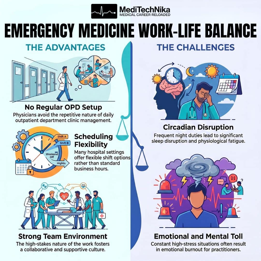 This infographic highlights the work-life balance in EM, outlining the primary advantages, such as scheduling flexibility, alongside the main challenges, including circadian disruption and burnout.