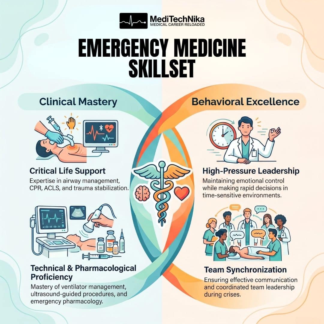 The left side, in blue, is titled "Clinical Mastery" and includes two sections: "Critical Life Support" depicting a patient receiving airway management and a heart monitor, and "Technical & Pharmacological Proficiency" showing an ultrasound machine, probe, and medication vials. The right side, in orange, is titled "Behavioral Excellence" and features two sections: "High-Pressure Leadership" illustrating a calm doctor next to a clock, and "Team Synchronization" showing a medical team communicating effectively around a patient.