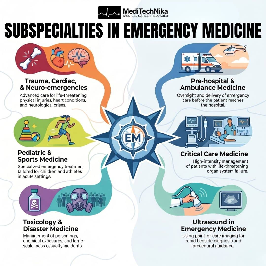 At the center is a blue compass star with the letters "EM" inside. Six colored pathways branch out from the center, leading to different subspecialties. On the left: "Trauma, Cardiac, & Neuro-emergencies" with icons of a broken bone, heart, and brain; "Pediatric & Sports Medicine" with toys and a runner; and "Toxicology & Disaster Medicine" with a poison bottle and a gas mask. On the right: "Pre-hospital & Ambulance Medicine" with an ambulance and helicopter; "Critical Care Medicine" depicting an ICU patient setup; and "Ultrasound in Emergency Medicine" showing an ultrasound probe and monitor. Each section includes a brief description of the specialty.