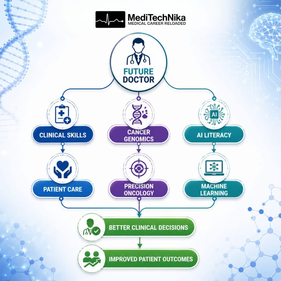 A flowchart infographic by MediTechNika showing how a "Future Doctor" combines Clinical Skills, Cancer Genomics, and AI Literacy to make better clinical decisions and achieve improved patient outcomes.