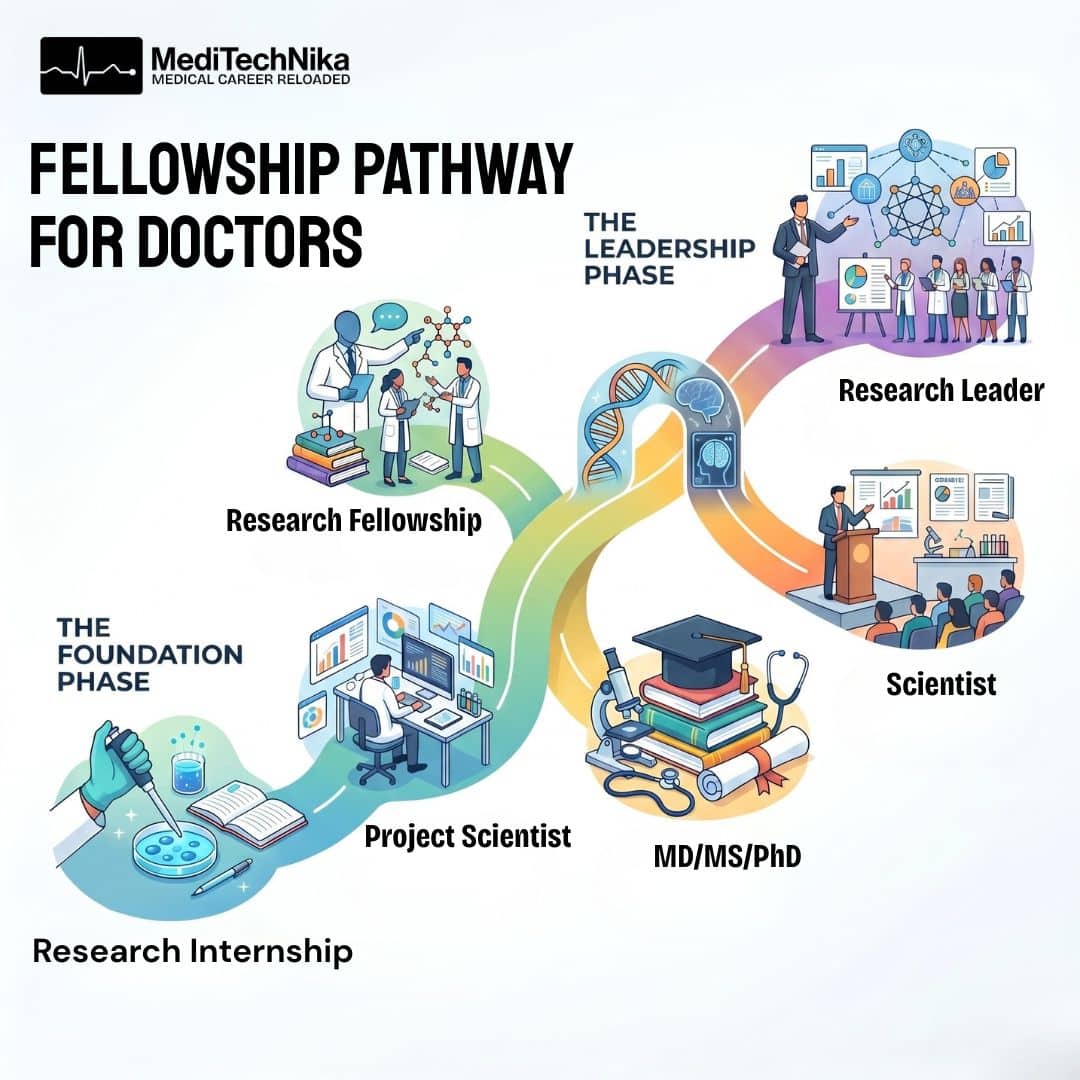 A MediTechNika infographic titled "Fellowship Pathway for Doctors" mapping a career journey.The Foundation Phase includes Research Internship, Project Scientist, and Research Fellowship roles. An MD/MS/PhD bridges to The Leadership Phase, culminating in Research Leader or Scientist positions.