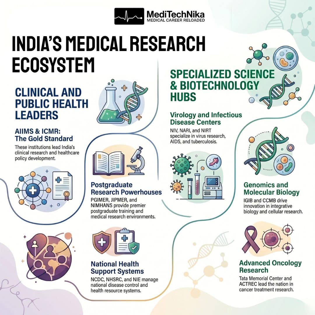 A MediTechNika infographic titled "India's Medical Research Ecosystem" divided into two primary categories with supporting scientific icons. The "Clinical and Public Health Leaders" section highlights key institutions like AIIMS, ICMR, PGIMER, and national health support systems. The "Specialized Science & Biotechnology Hubs" section details centers focusing on Government Research Jobs in virology, genomics, molecular biology, and advanced oncology.