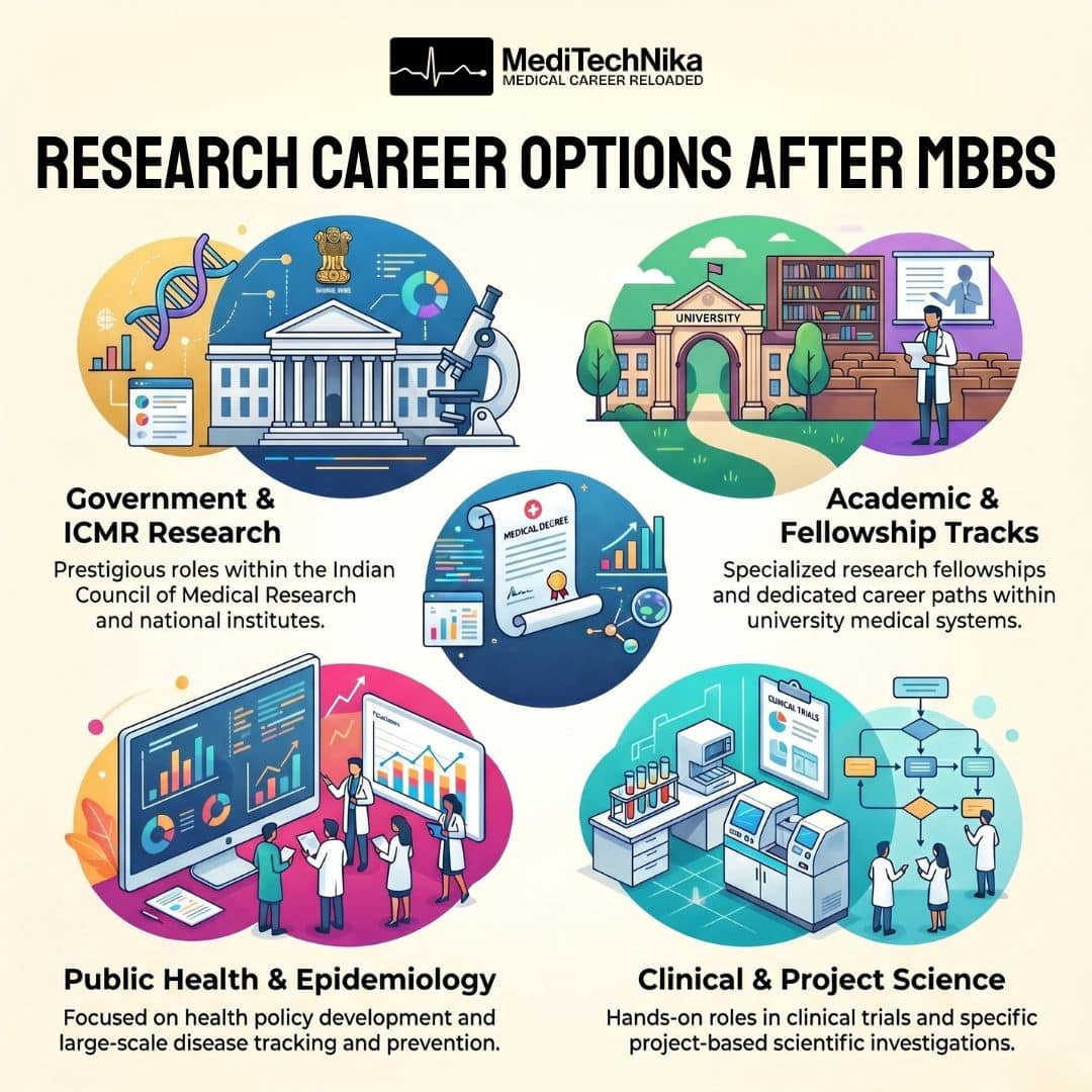 An infographic by MediTechNika titled "Research Career Options After MBBS." Around a central medical degree icon, four career paths are illustrated: Government & ICMR Research (prestigious national roles), Academic & Fellowship Tracks (university research paths), Public Health & Epidemiology (health policy and disease tracking), and Clinical & Project Science (clinical trials and investigations).