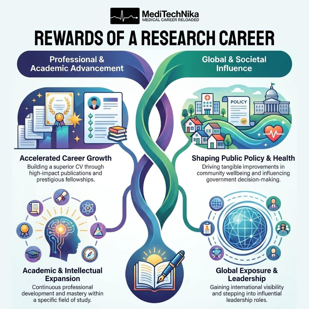 A MediTechNika infographic showing an intertwined ribbon branching into the personal and societal benefits of Government Research Jobs. The "Professional & Academic Advancement" side highlights accelerated career growth, superior CV building, and intellectual expansion.The "Global & Societal Influence" side emphasizes shaping public health policy, community wellbeing, and gaining international leadership exposure.