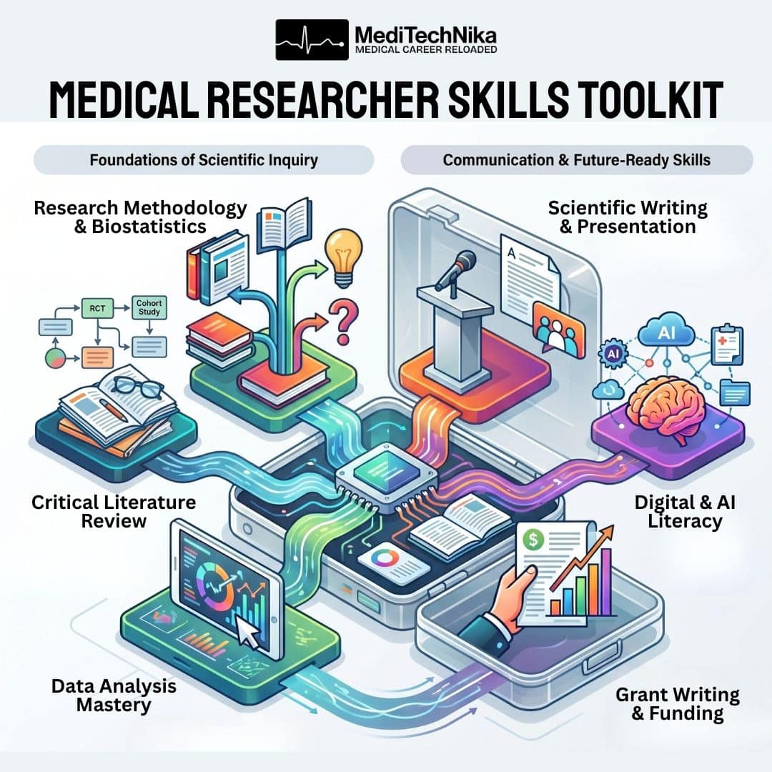 A MediTechNika infographic titled "Medical Researcher Skills Toolkit" depicting a high-tech briefcase connecting essential career skills via glowing pathways. The "Foundations of Scientific Inquiry" side highlights Research Methodology & Biostatistics, Critical Literature Review, and Data Analysis Mastery. The "Communication & Future-Ready Skills" side highlights Scientific Writing & Presentation, Digital & AI Literacy, and Grant Writing & Funding.