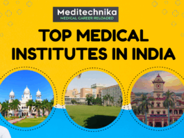 Top Medical Institutes in India. A collage of top medical colleges in India including AIIMS Delhi, CMC Vellore, and PGIMER Chandigarh with the text “Top Medical Institutes in India 2025.”