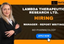 Build Your Career with Lambda Therapeutic Research Ltd: Manager – Report Writing Lambda Therapeutic Research Ltd. is hiring Manager - Report Writing in Ahemdabad. Great opportunity for MD Pharmacology candidates.