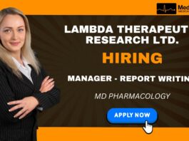 Lambda Therapeutic Research Ltd. is hiring Manager - Report Writing in Ahemdabad. Great opportunity for MD Pharmacology candidates.
