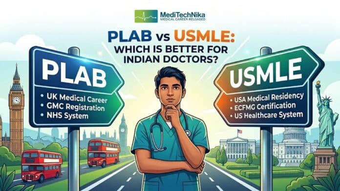 PLAB vs USMLE: Comparison of cost, difficulty, eligibility, and career scope to choose the best path for Indian doctors.
