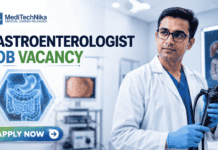 Continental Hospitals Hiring Gastroenterologist | Fresher’s Job in Chhattisgarh Continental Hospitals Hiring Gastroenterologist Fresher's Job in Chhattisgarh. Featured banner for “Gastroenterologist Job Vacancy at Continental Hospitals” featuring the Meditechnika logo at the top, a professional gastroenterologist holding an endoscope in a modern hospital setting, digestive system medical graphics, a clean corporate healthcare theme, and a bold “Apply Now” button at the bottom.